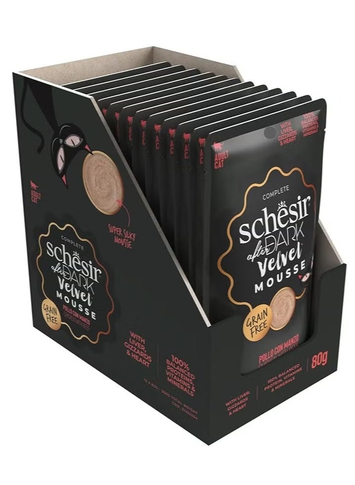 Schesir After Dark Velvet Mousse Wet Cat Food Chicken with Beef 80g Pack of 12 | Grain Free High Protein Complete Adult Cat Meal with Organ Meat & Hydration Support - Image 1